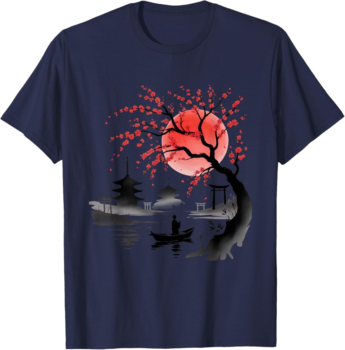 Beautiful Japanese Art Cherry Blossom Sakura Japan Graphic T-Shirt - T-Shirt | Navy