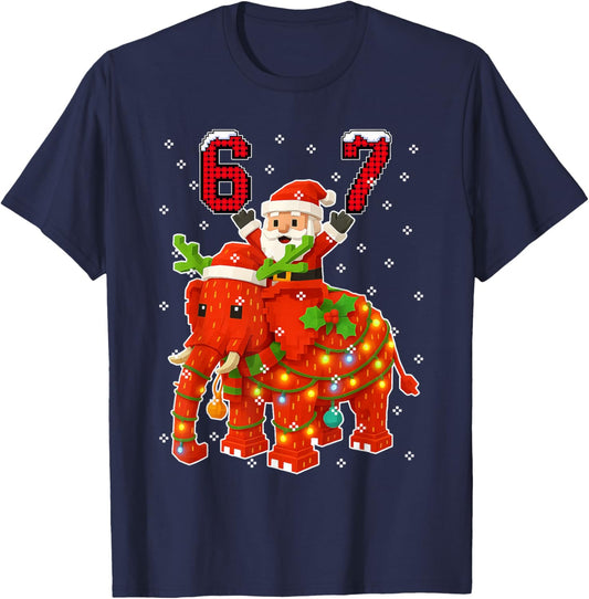 Funny 67 Meme Xmas Santa Riding Strawberry Elephant Brainrot T-Shirt - T-Shirt | Navy