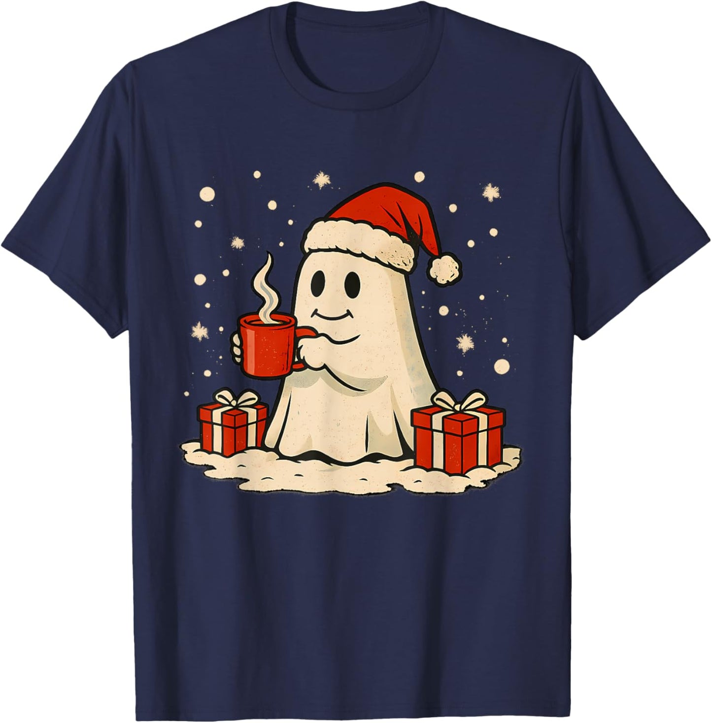 Cute Christmas Ghost Coffee Design Retro Holiday Spirit T-Shirt - T-Shirt | Navy