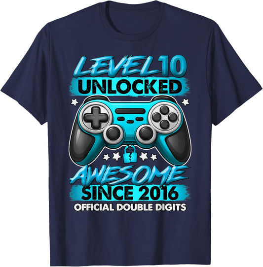Official Double Digits Level 10 Unlocked 10th Birthday Boy T-Shirt - T-Shirt | Navy