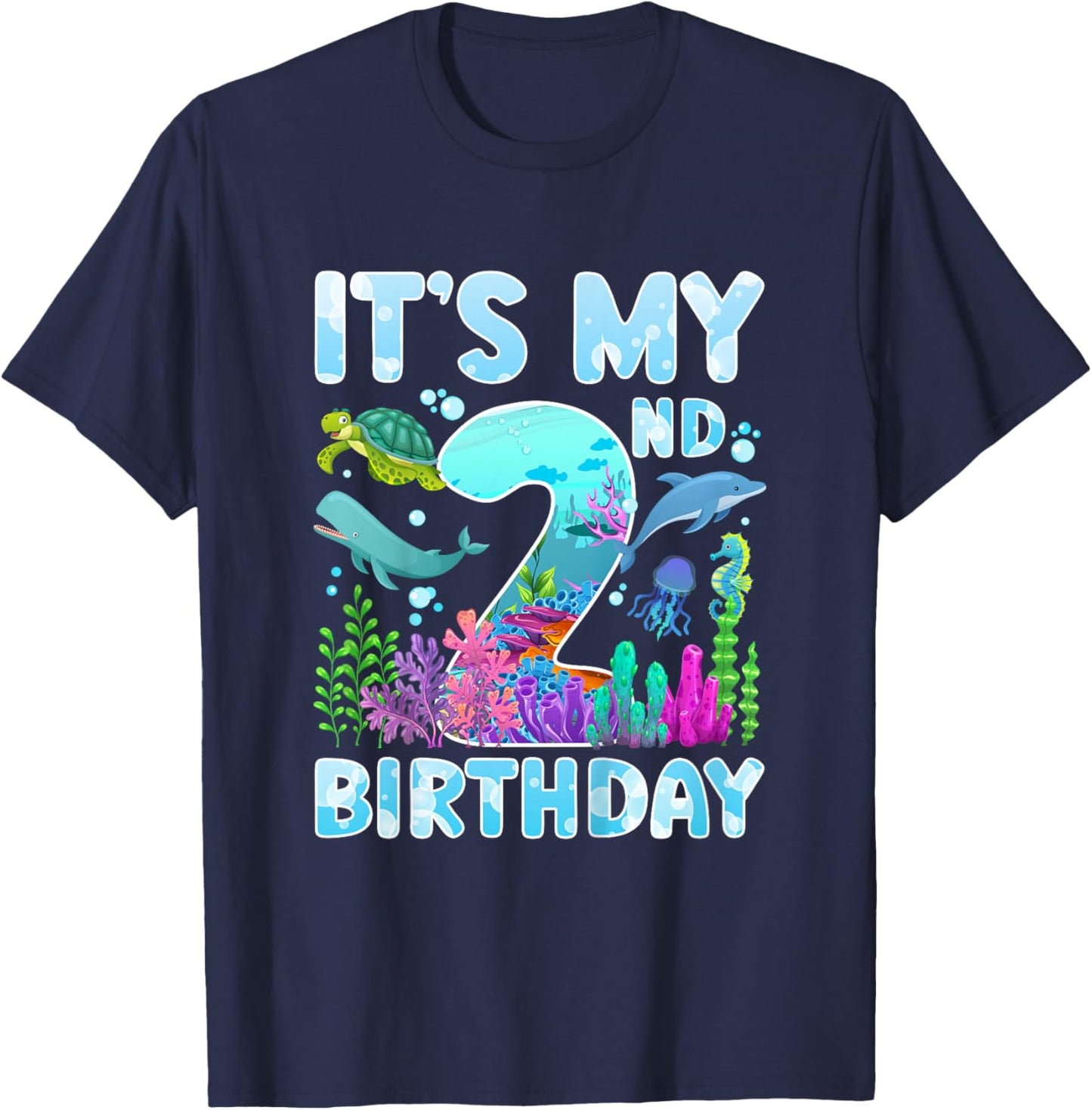 2nd Ocean Birthday Party Two Year Old Sea Animals T-Shirt - T-Shirt | Navy