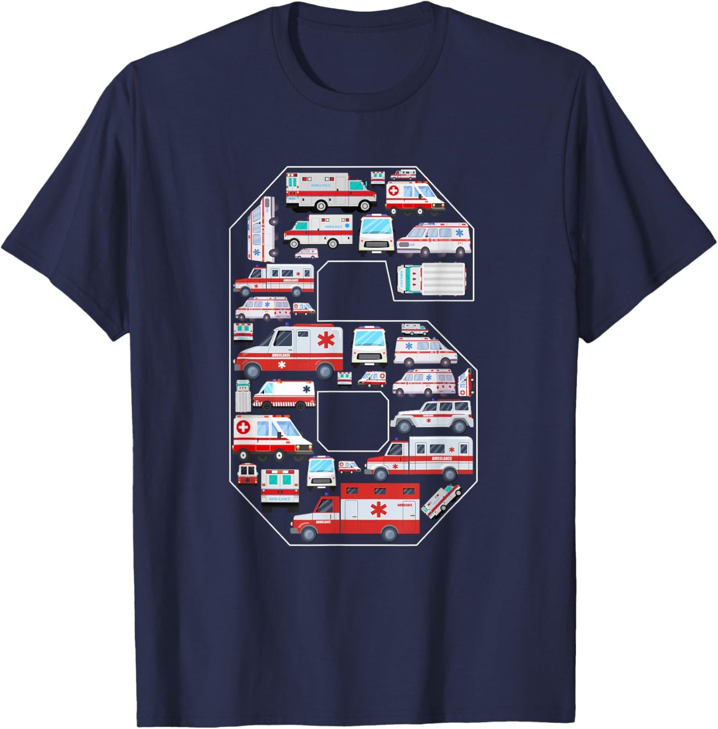 6 Years Old Kids 6th Birthday Ambulance Themed Party T-Shirt - T-Shirt | Navy