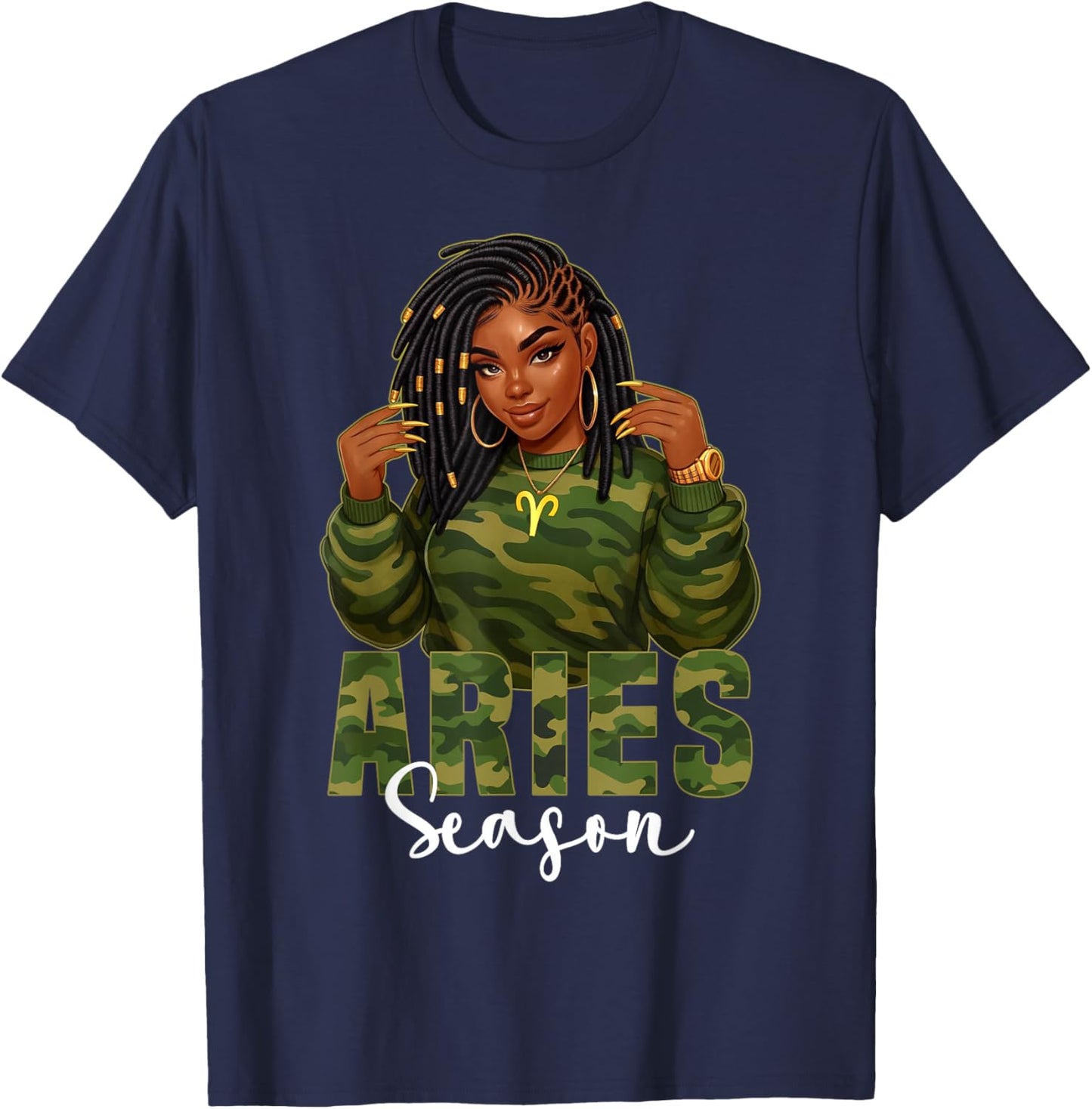 Aries Season Loc'd Black Woman Camo Zodiac Sign T-Shirt - T-Shirt | Navy