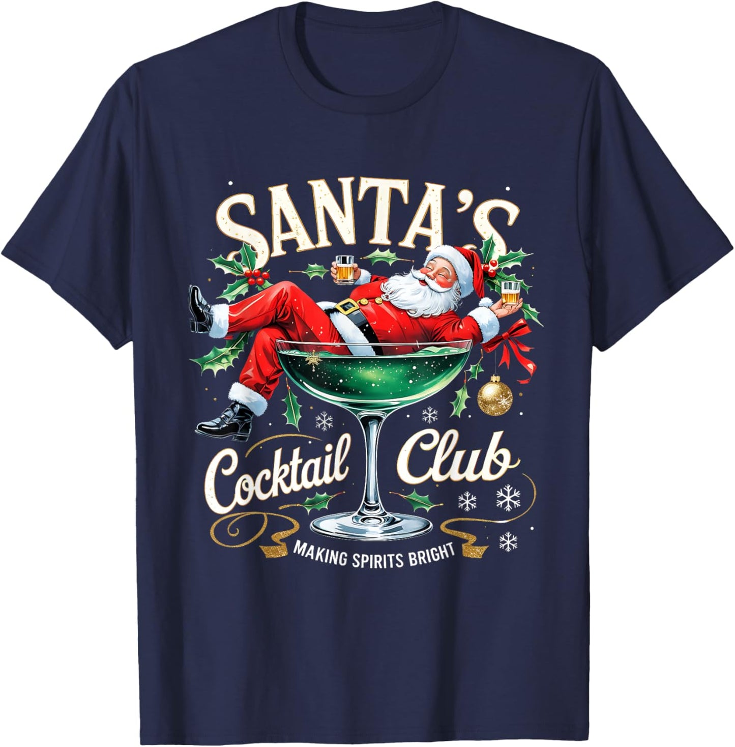 Santa’s Cocktail Club Christmas Party Design T-Shirt - T-Shirt | Navy