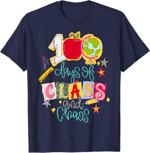 Funny 100 Days of Class and Chaos Teacher 100 Days of School T-Shirt - T-Shirt | Navy