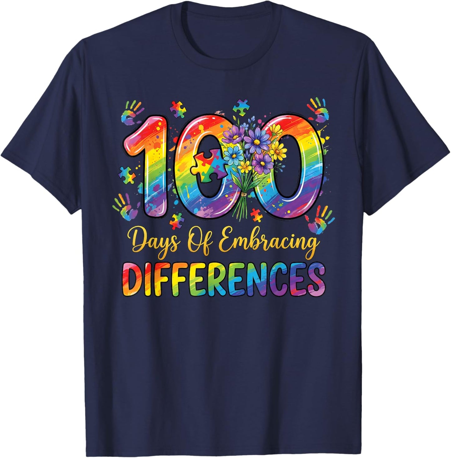 100 Days of School Teacher Autism Awareness 100th Day T-Shirt - T-Shirt | Navy