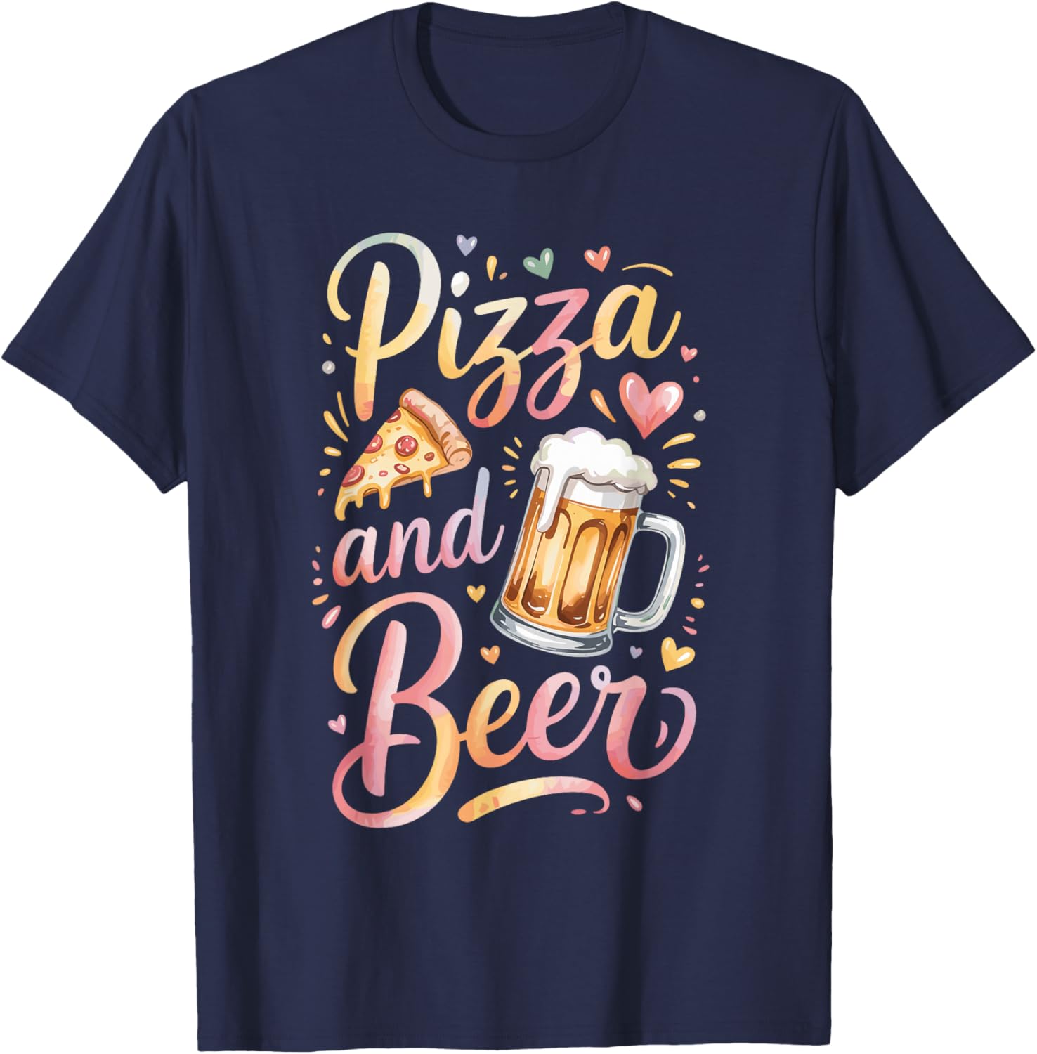 Watercolor Beer and Pizza T-Shirt - T-Shirt | Navy