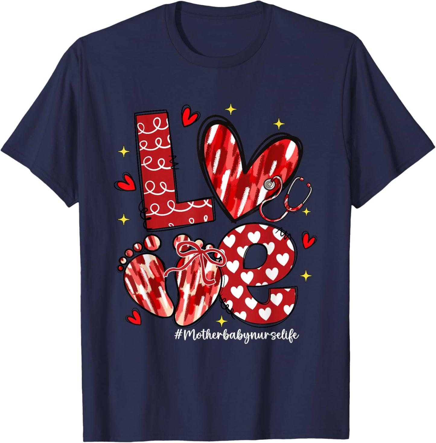 Love Mother Baby Nurse Life Stethoscope Bow Hearts T-Shirt - T-Shirt | Navy