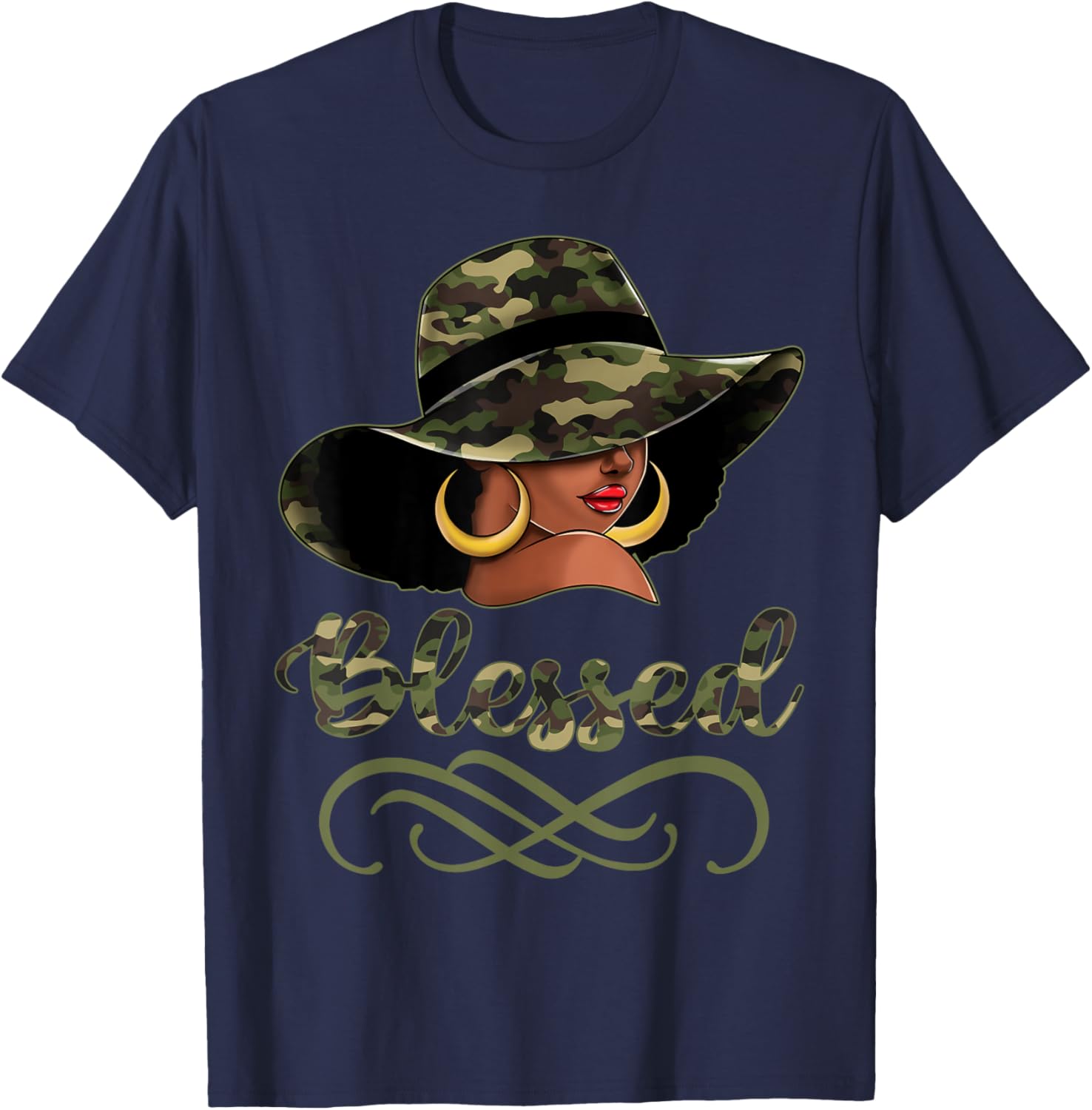 Blessed African American Black Woman Camo Hat Christian T-Shirt - T-Shirt | Navy