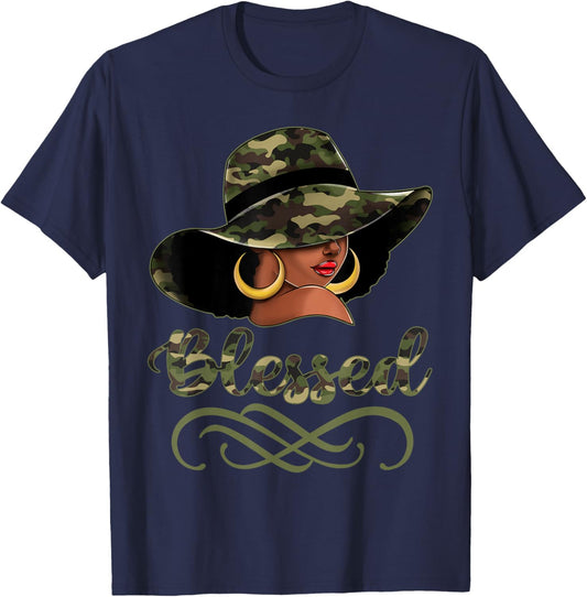 Blessed African American Black Woman Camo Hat Christian T-Shirt - T-Shirt | Navy