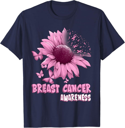Pink Sunflower Breast Cancer Awareness Ribbon in October T-Shirt - T-Shirt | Navy