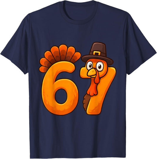 Funny Thanksgiving Turkey 67 Six Seven Meme Boys Girls Kids T-Shirt - T-Shirt | Navy