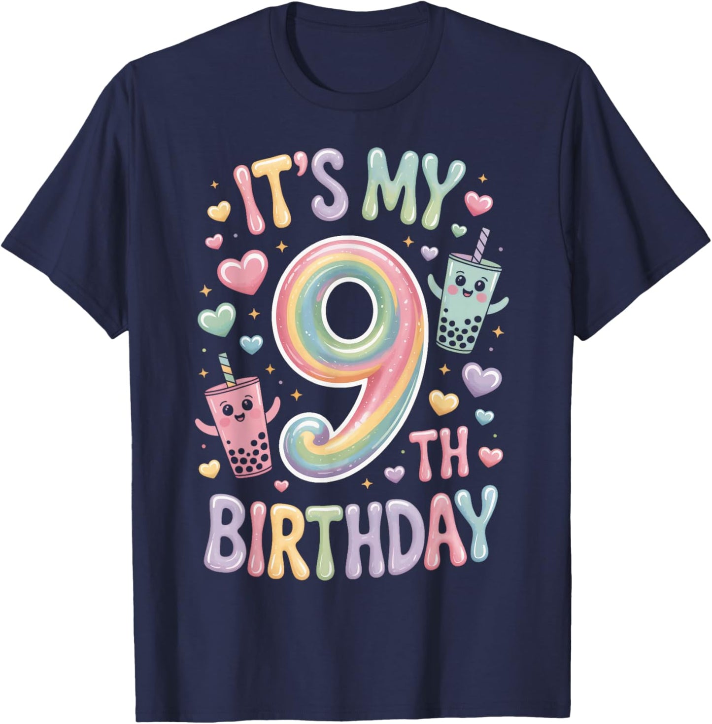 Its My 9th Birthday Boba Tea Lovers 9 Year Old Party T-Shirt - T-Shirt | Navy
