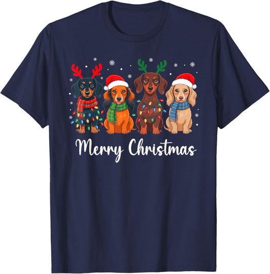 Merry Christmas Lights Dachshund Dog Santa Hat Xmas Pajamas T-Shirt - T-Shirt | Navy