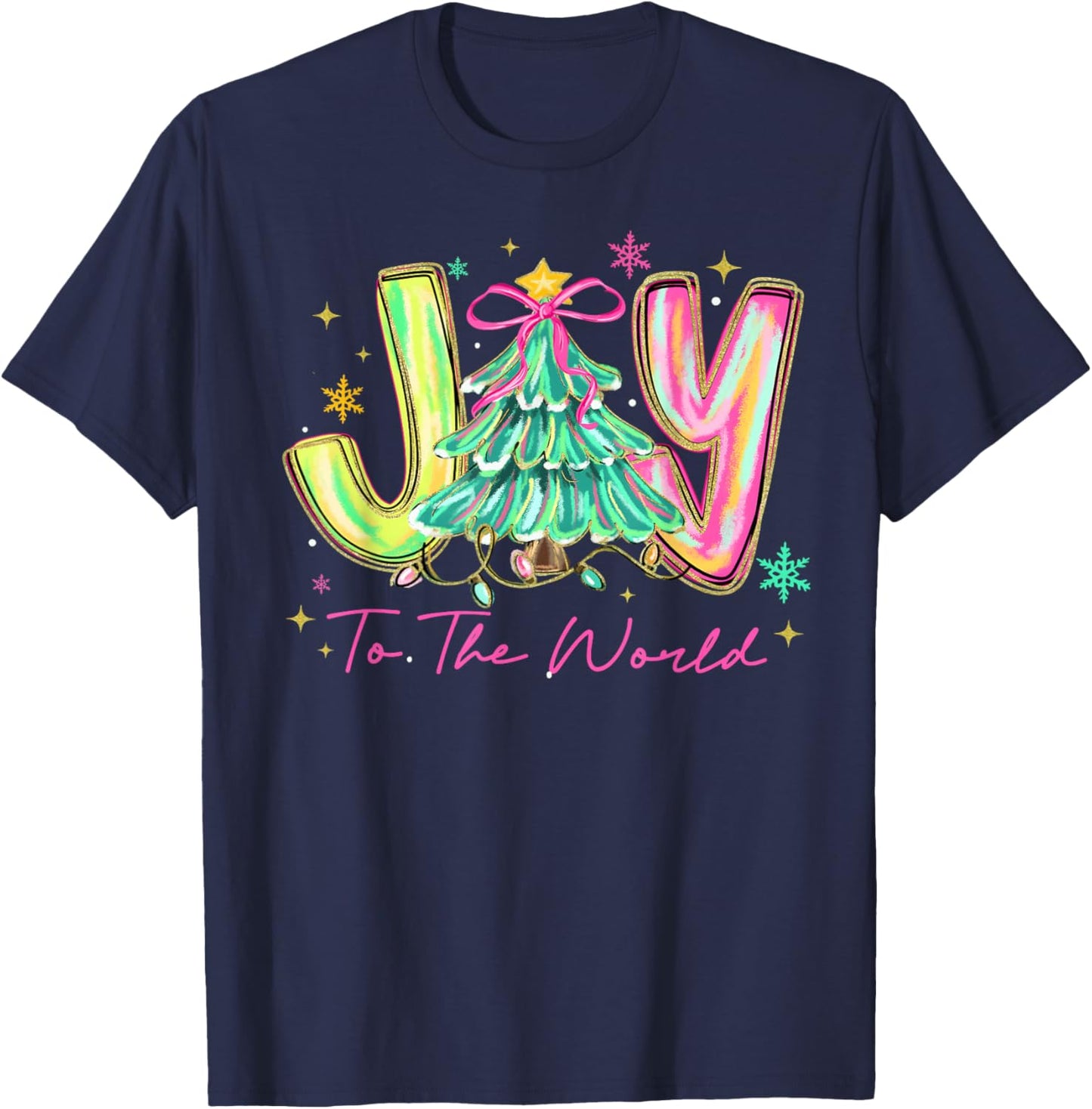 Joy to The World Merry Christmas Tree Coquette Bow Girly T-Shirt - T-Shirt | Navy