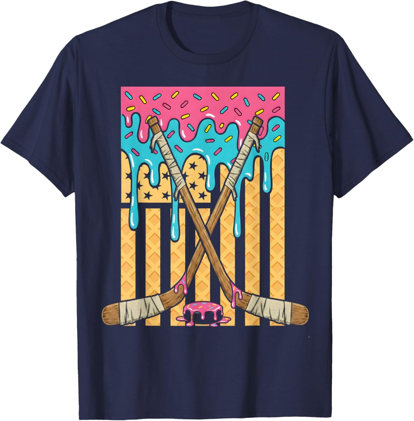 Ice Hockey Ice Cream Drip Boys American Flag Youth Players T-Shirt - T-Shirt | Navy