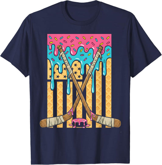 Ice Hockey Ice Cream Drip Boys American Flag Youth Players T-Shirt - T-Shirt | Navy