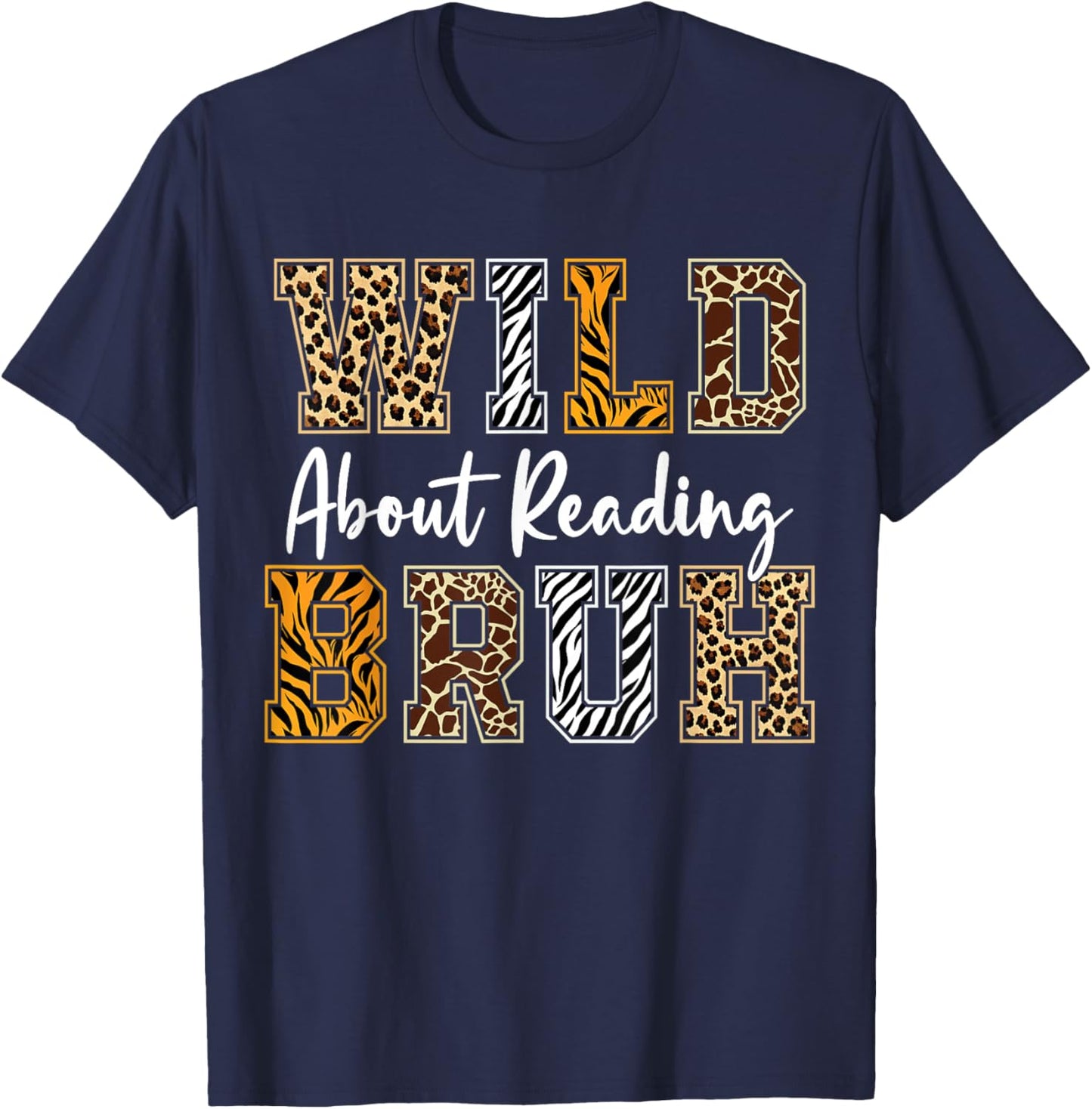 Boys Animal Print Clothes Wild About Reading Kids Book Lover T-Shirt - T-Shirt | Navy