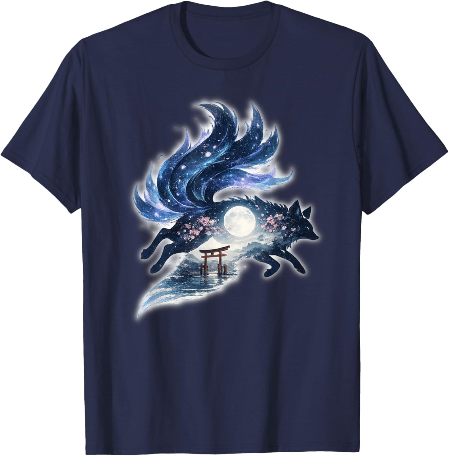 Nine Tailed Fox Kitsune Jumping Japanese Mythology Galaxy T-Shirt - T-Shirt | Navy