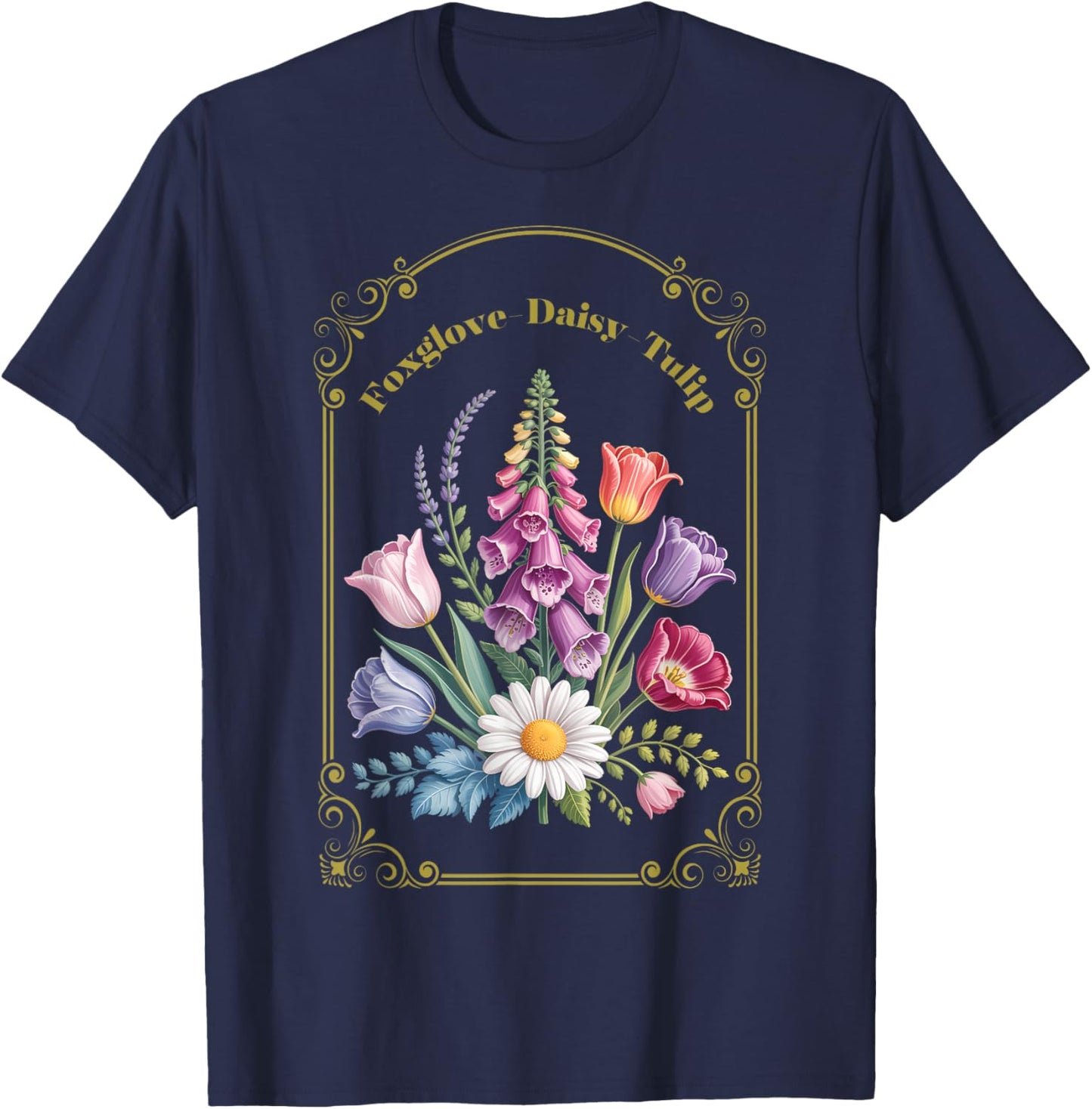 Foxglove Daisy Tulip Vintage Flower Arrangement T-Shirt - T-Shirt | Navy