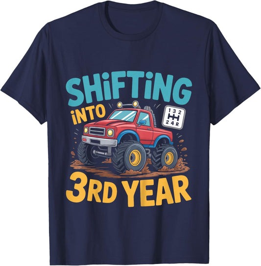 Shifting into 3rd Year Girl Boy Monster Truck 3rd Birthday T-Shirt - T-Shirt | Navy