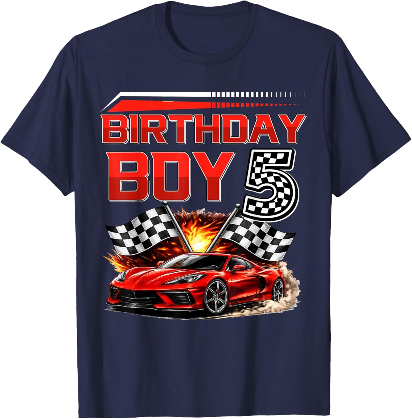 Birthday Boy 5 Years Race Car 5th Birthday Racing Car Kids T-Shirt - T-Shirt | Navy