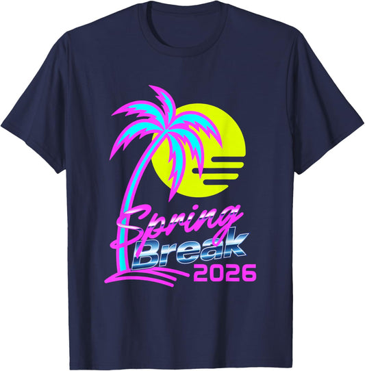 Spring Break 2026 80s Style Palm Tree Beach Party T-Shirt - T-Shirt | Navy