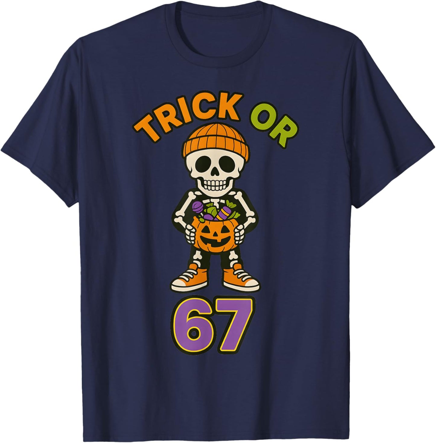 Funny 67 Halloween Trick Or Treat Skeleton Boys Six Seven T-Shirt - T-Shirt | Navy