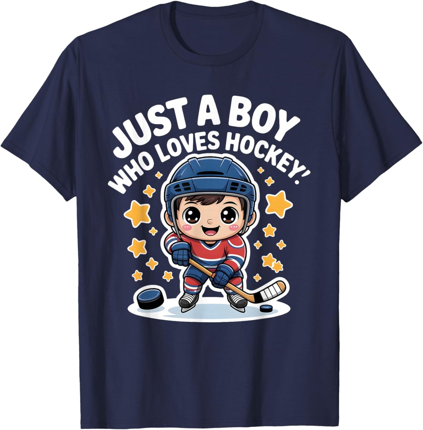 Just A Boy Who Loves Hockey Kids Cute Ice Hockey T-Shirt - T-Shirt | Navy