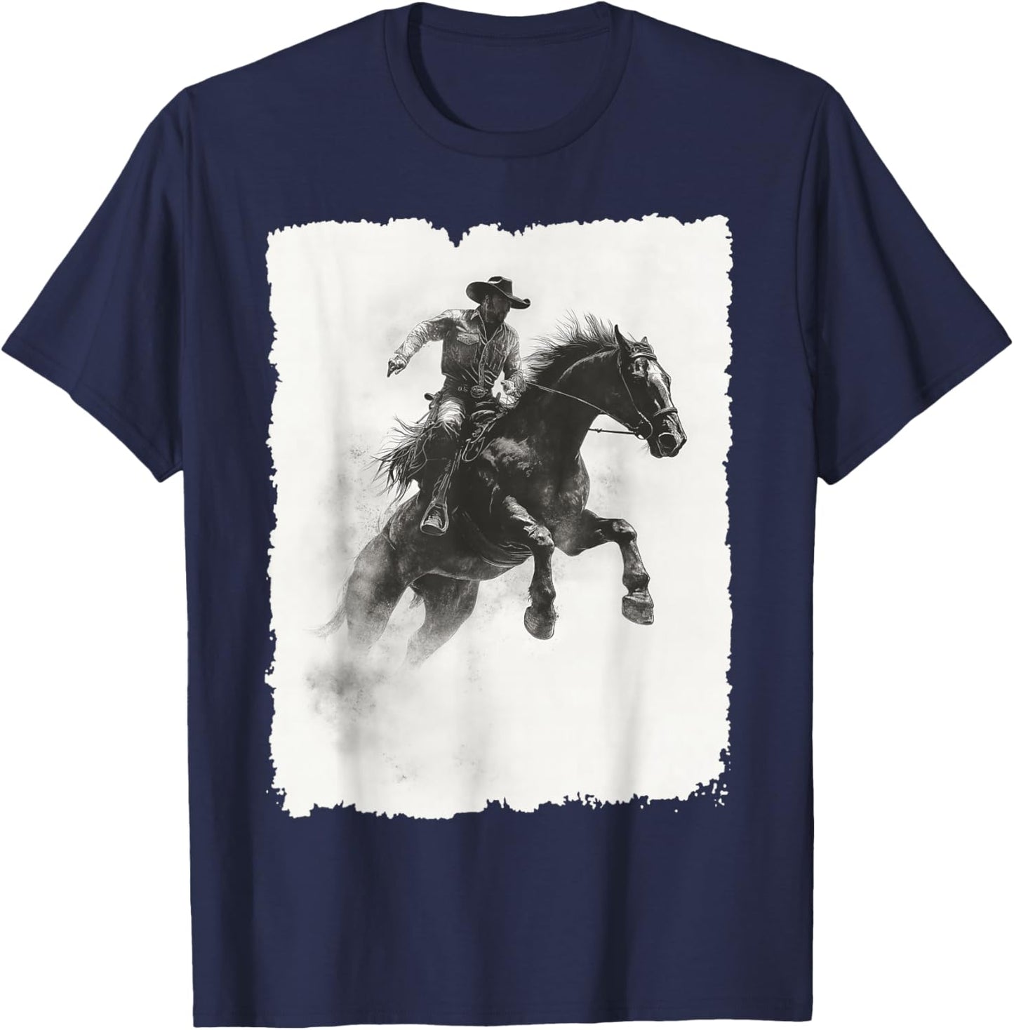 Cowboy On Rearing Horse Rodeo Action Wild West T-Shirt - T-Shirt | Navy