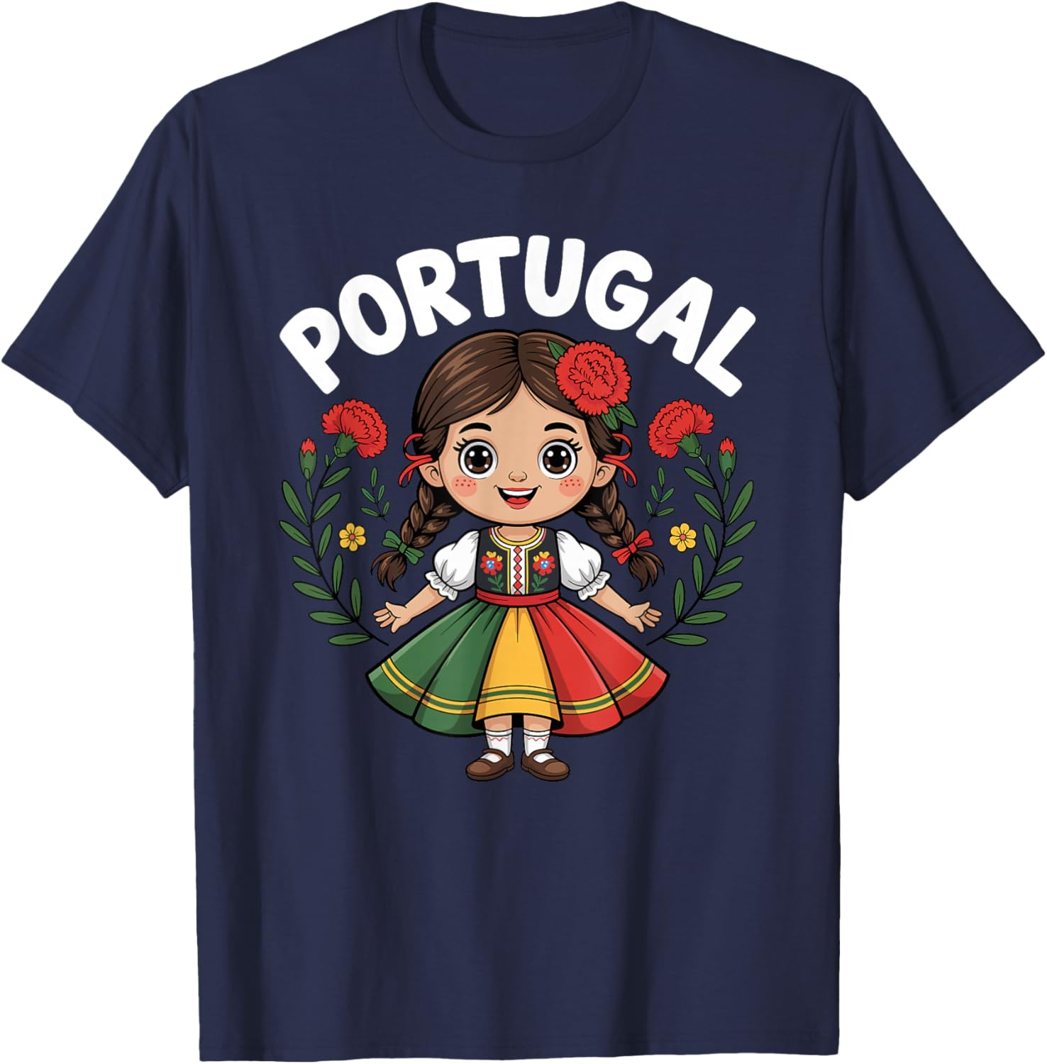 Portugal Girl in Traditional Folk Dress with Carnations Kids T-Shirt - T-Shirt | Navy