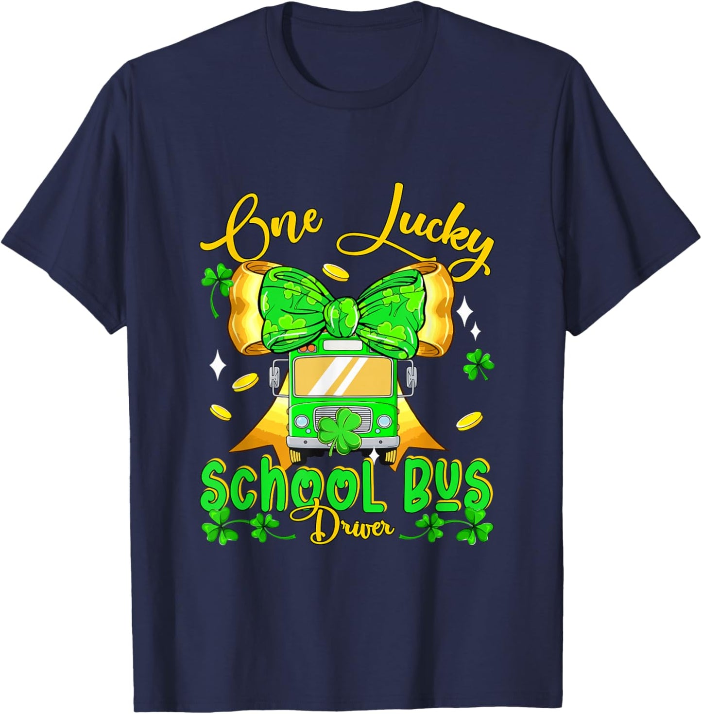 One Lucky Patrick's Day School Bus Driver Bow Tie Shamrocks T-Shirt - T-Shirt | Navy