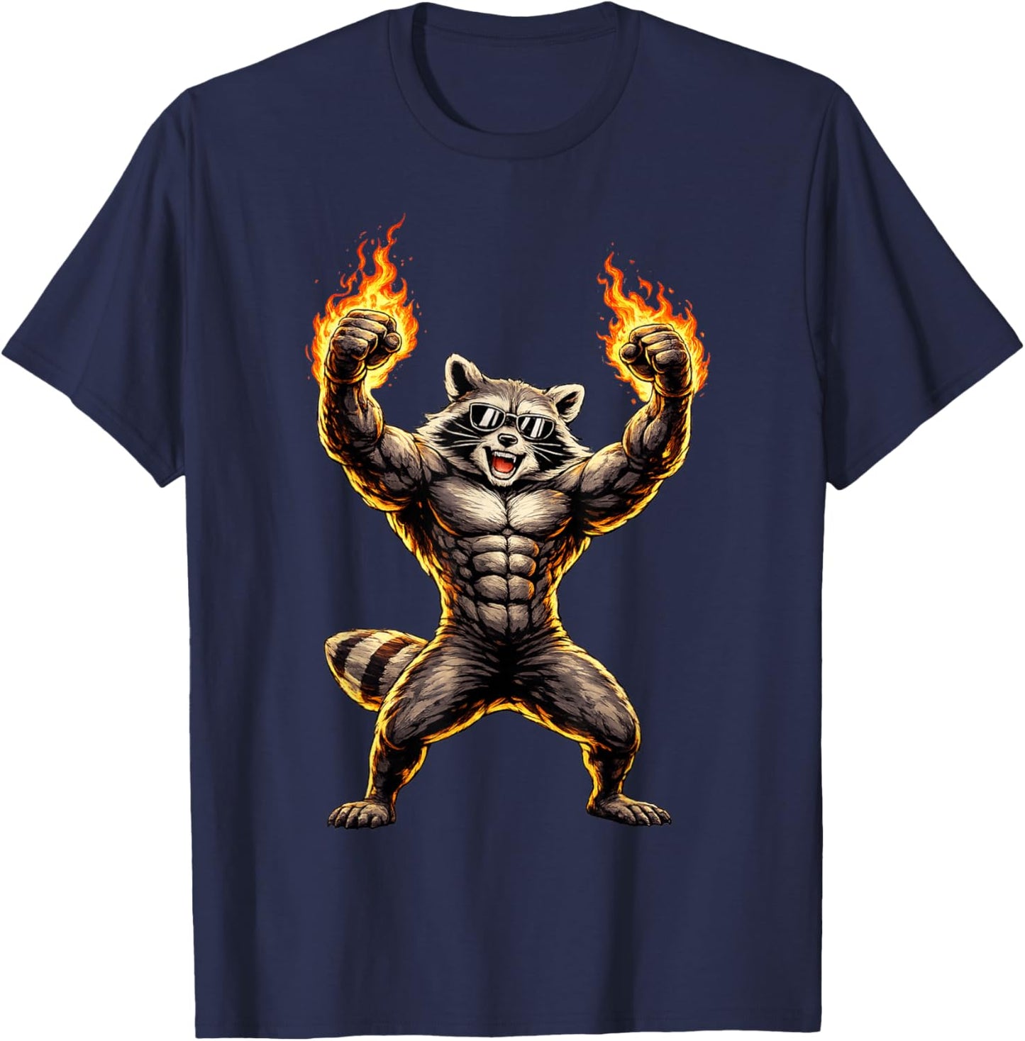 Flaming Muscle Raccoon T-Shirt - T-Shirt | Navy