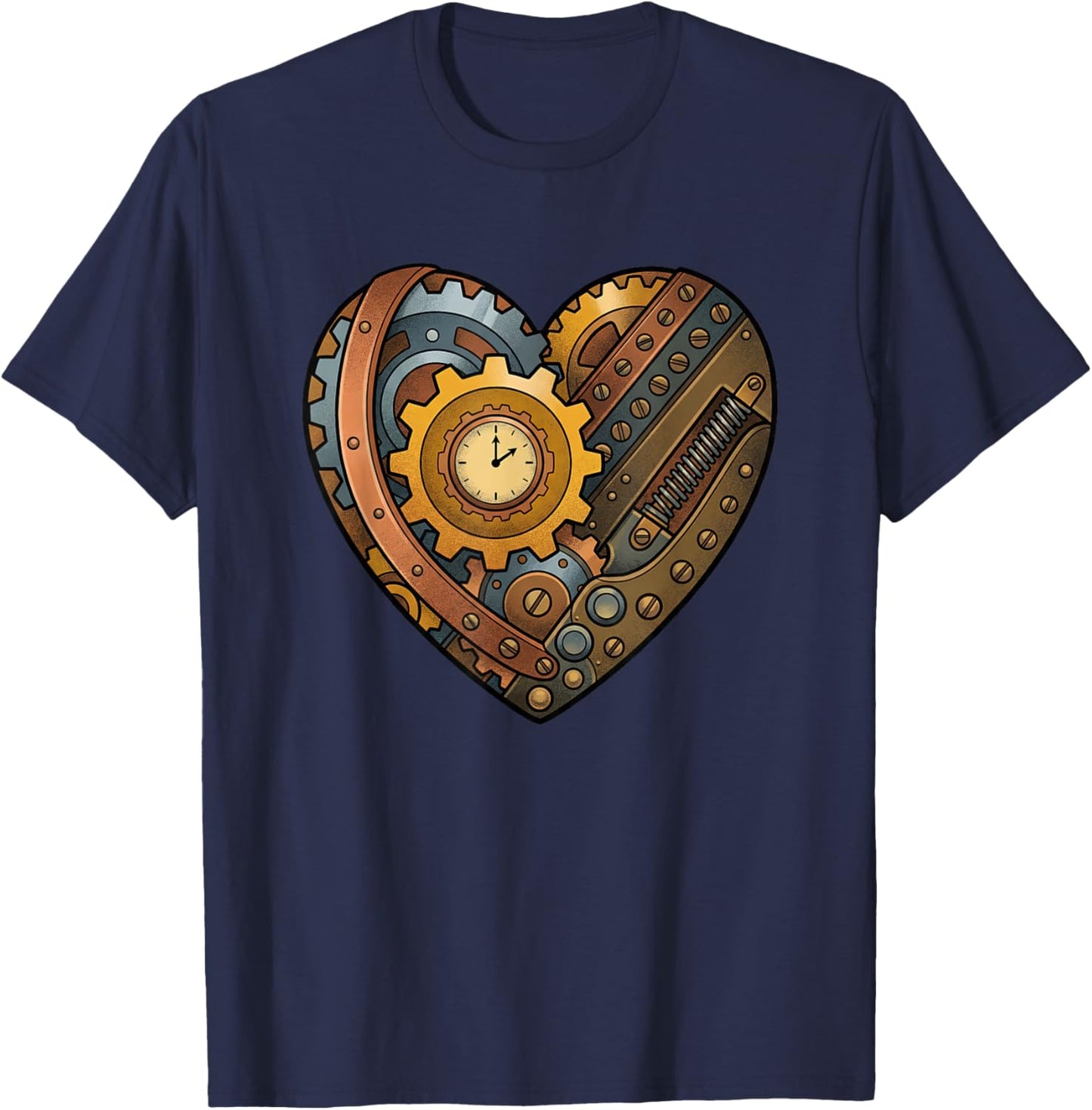 Steampunk Clockwork Heart with Cogs and Time Motif T-Shirt - T-Shirt | Navy