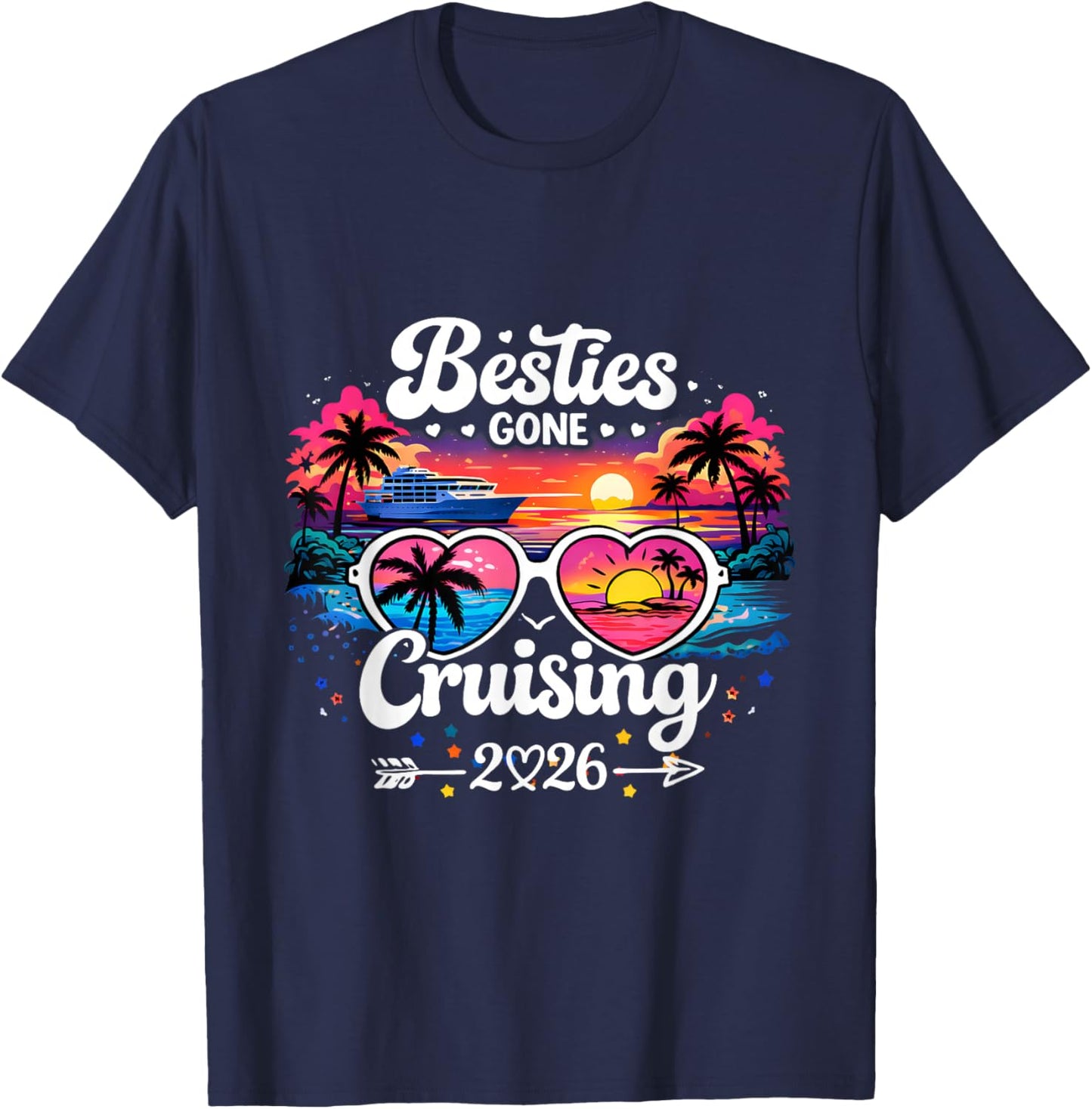 Besties Gone Cruising 2026 Girls Trip Sunset T-Shirt - T-Shirt | Navy
