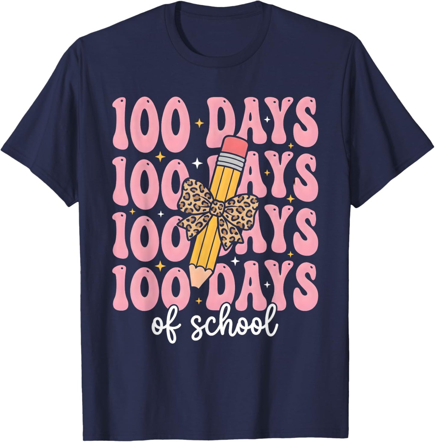 Funny 100 Days School Leopard Bow Pencil Teacher Life Girl T-Shirt - T-Shirt | Navy