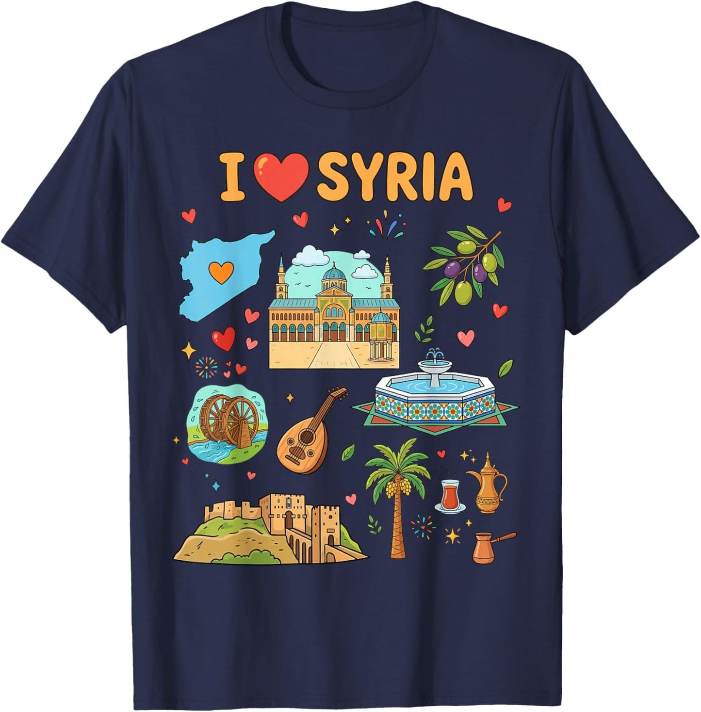 I Love Syria, Cute Cultural Icons Design, Syrian Heritage T-Shirt - T-Shirt | Navy