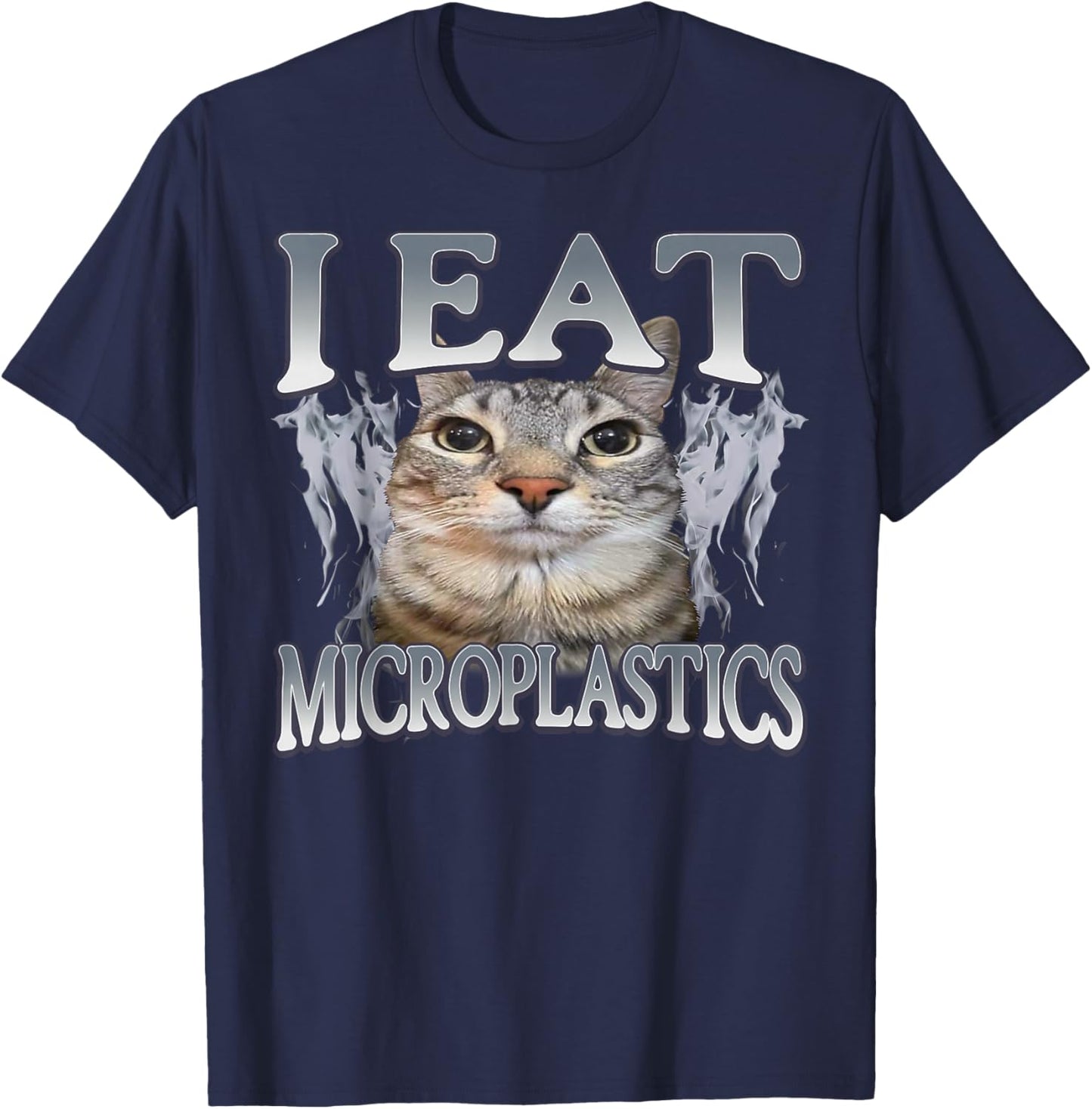Funny Vintage Humor I Eat Microplastics Cat Meme Graphic T-Shirt - T-Shirt | Navy