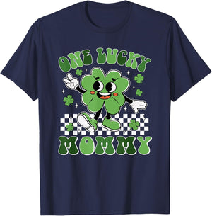 St Patricks Day Family Matching Groovy One Lucky Mommy T-Shirt - T-Shirt | Navy