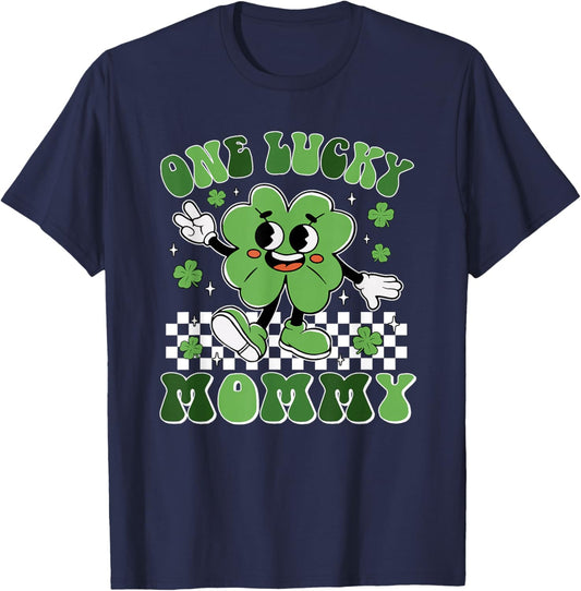 St Patricks Day Family Matching Groovy One Lucky Mommy T-Shirt - T-Shirt | Navy