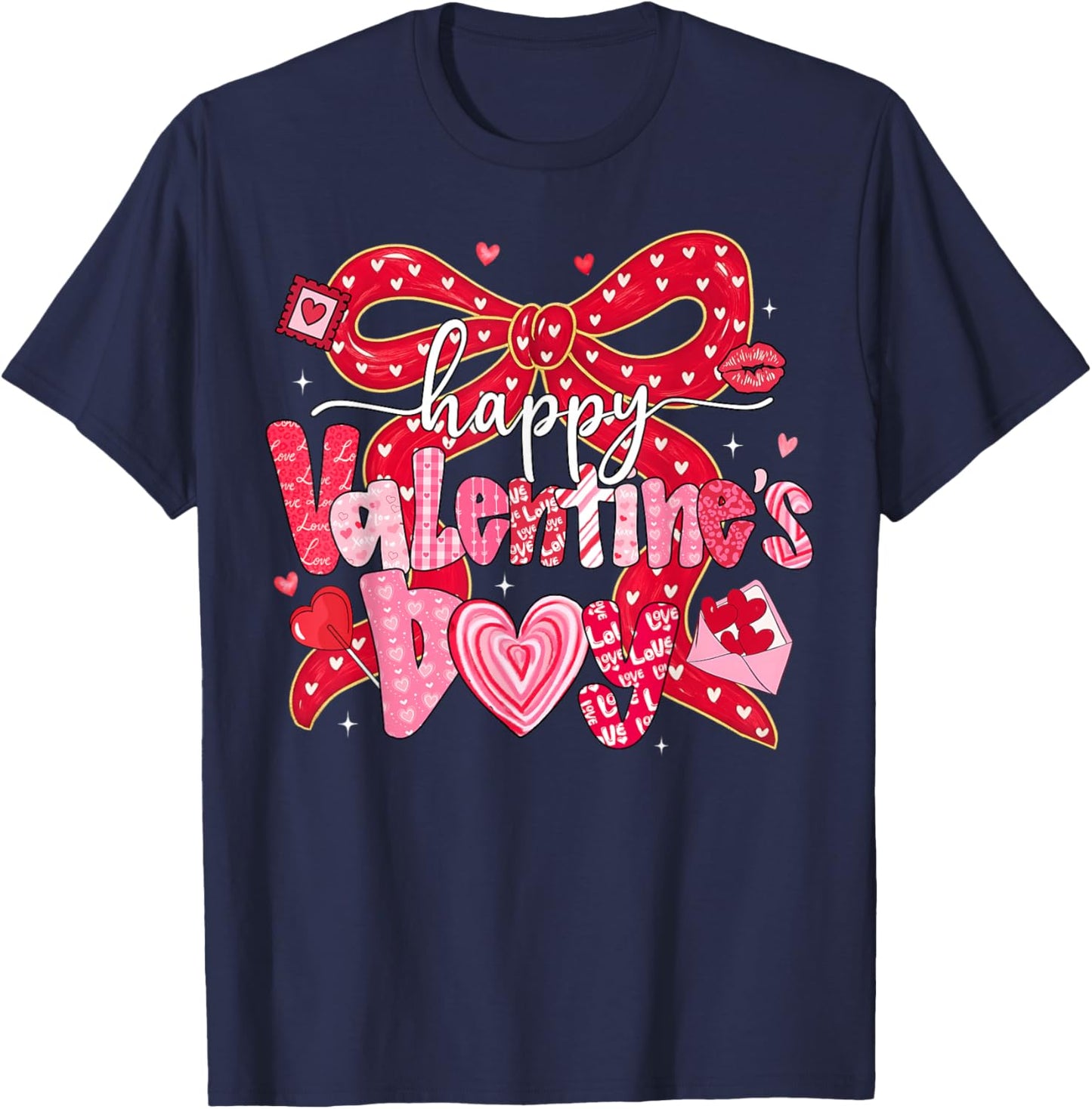 Coquette Bow Happy Valentine Heart Love Girl Women Kid T-Shirt - T-Shirt | Navy