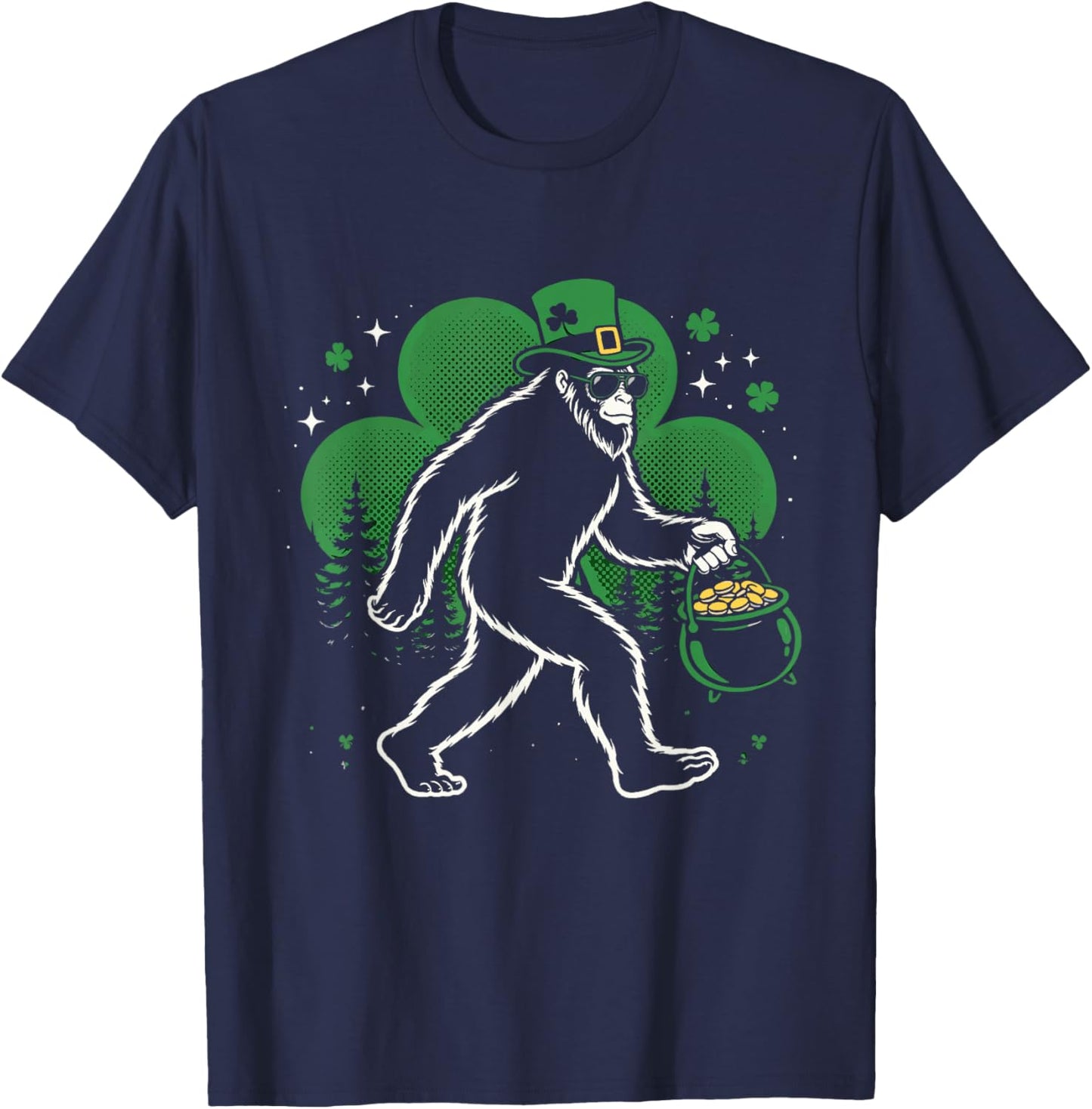 Irish Bigfoot Shamrock Funny Sasquatch Lucky Forest T-Shirt - T-Shirt | Navy