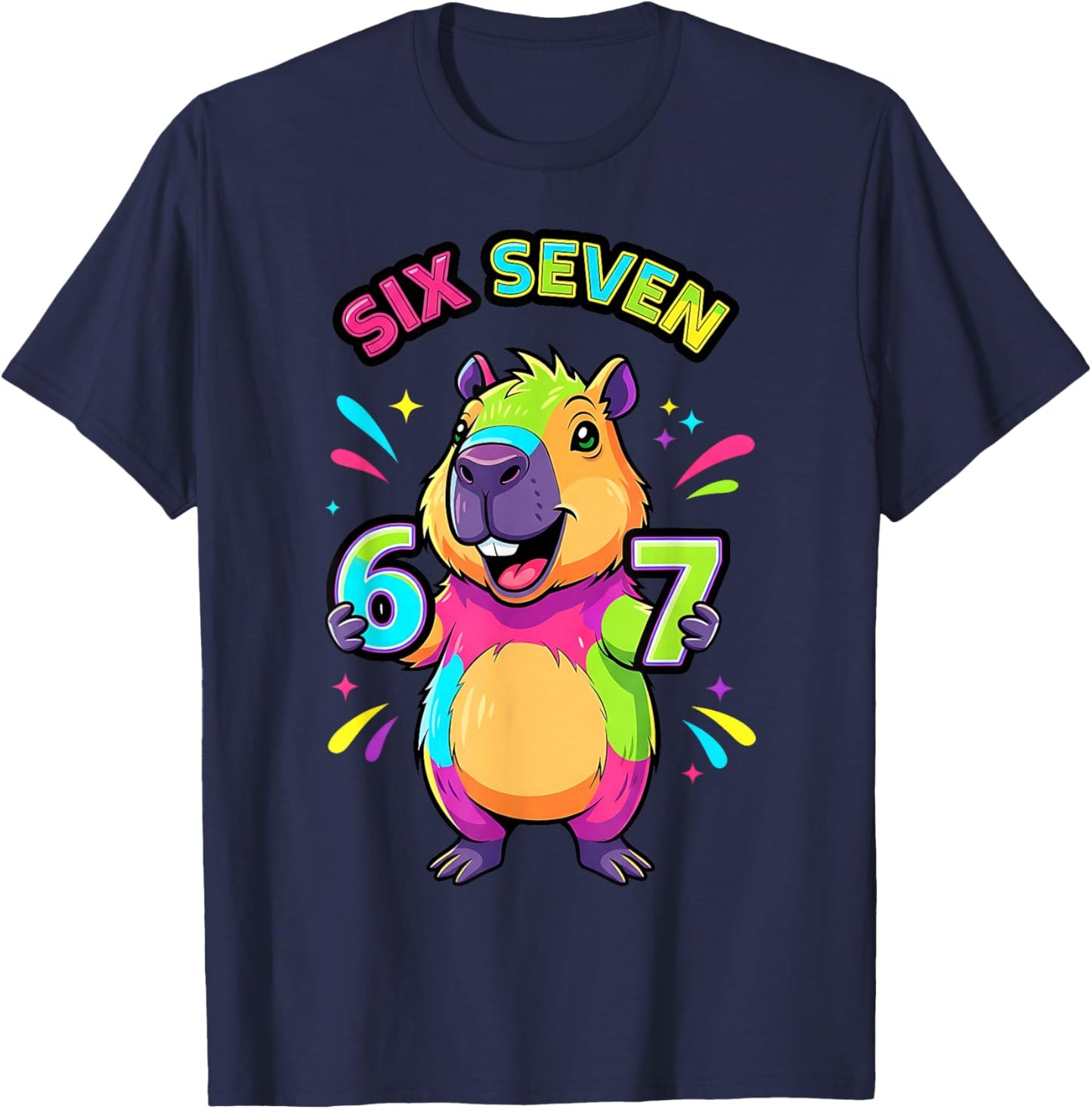 Funny Colorful Capybara Six Seven 67 Cartoon Kids Boys T-Shirt - T-Shirt | Navy