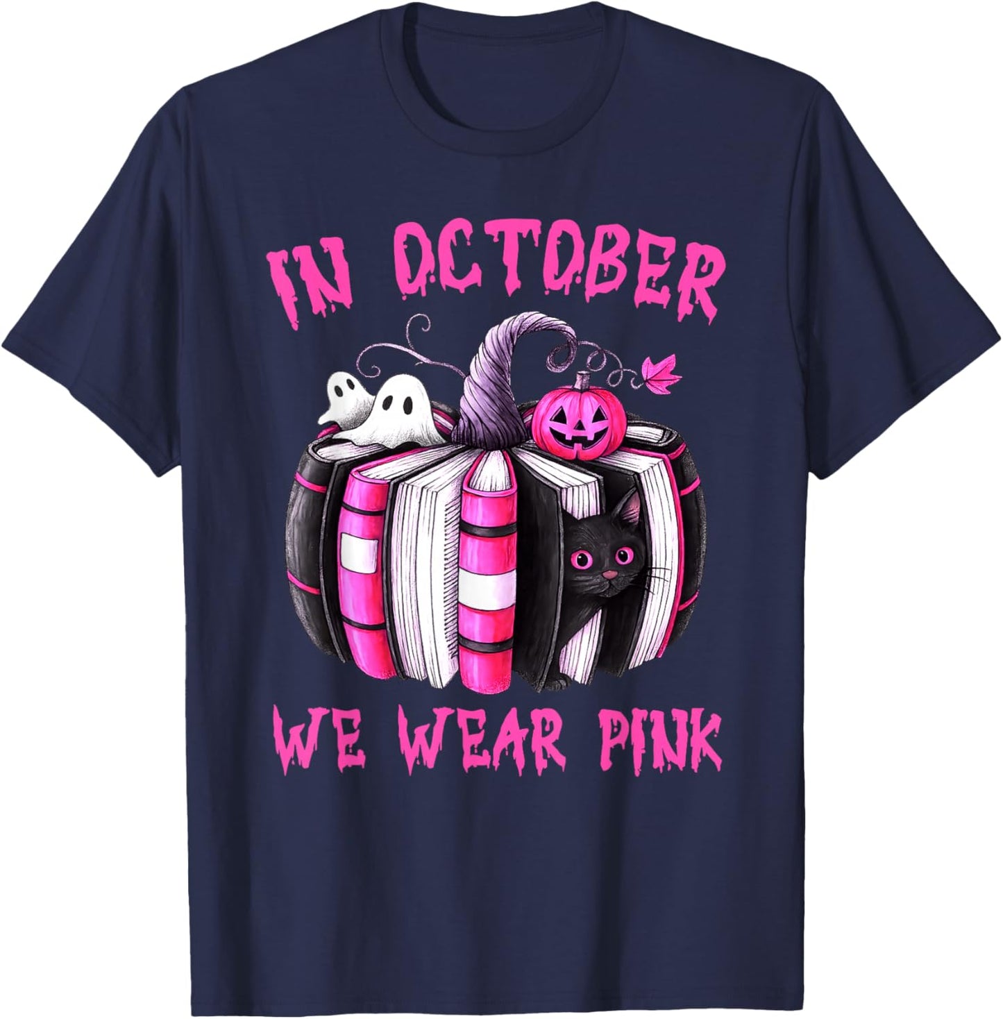 in October We Wear Pink Pumpkin Book Breast Cancer Awareness T-Shirt - T-Shirt | Navy
