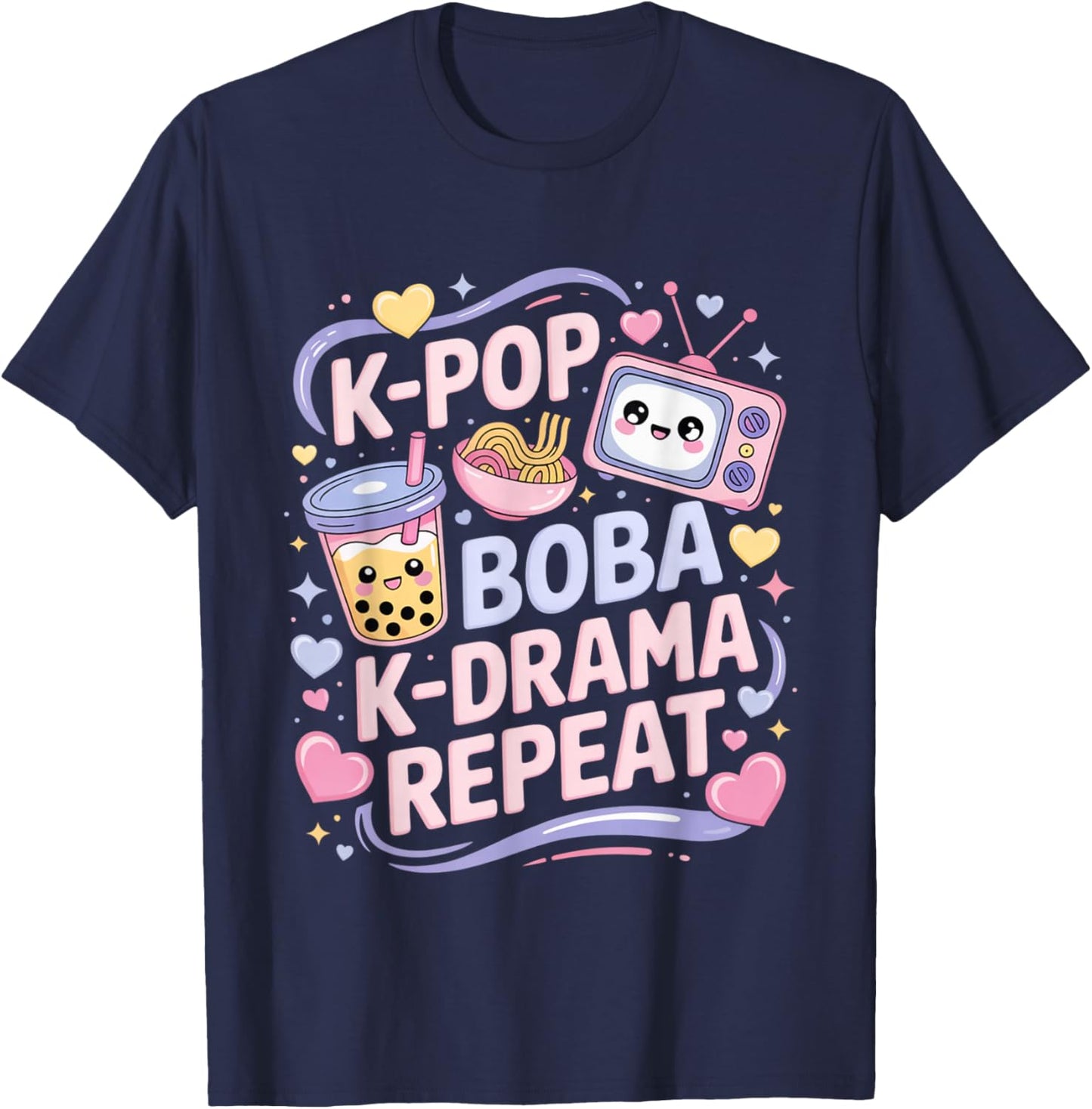 K-Pop Boba K-Drama Repeat K-POP Music Lover Kawaii Korean T-Shirt - T-Shirt | Navy