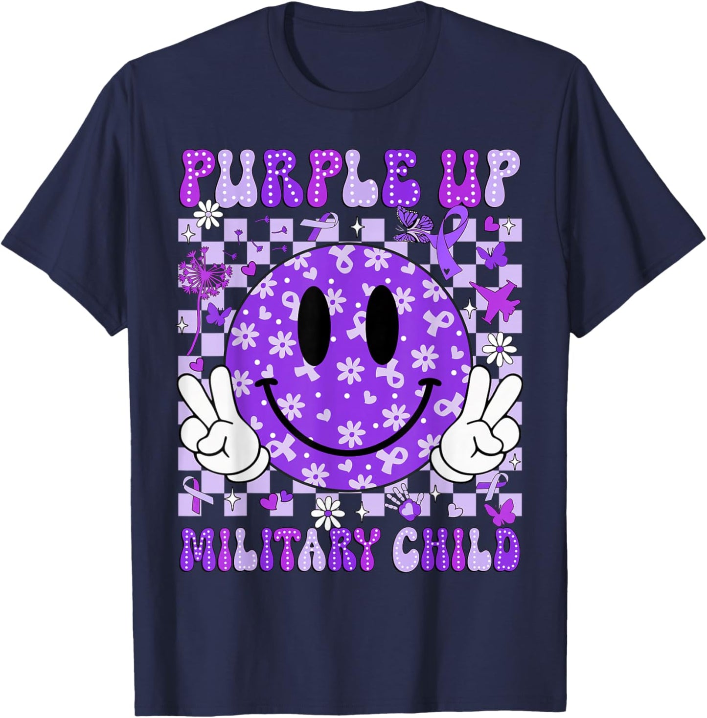 Purple Up Military Child Month Smile Face Women Men Kids T-Shirt - T-Shirt | Navy