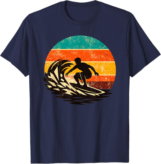 Vintage Surfer Sunset Wave Retro Beach Ocean Silhouette T-Shirt - T-Shirt | Navy