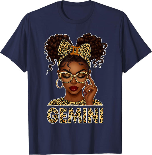 Gemini Woman Black Girl Leopard Bow Zodiac Birthday T-Shirt - T-Shirt | Navy