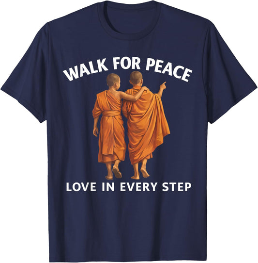 Retro Peace Walking Monks & Dog Minimalist Zen Art T-Shirt - T-Shirt | Navy