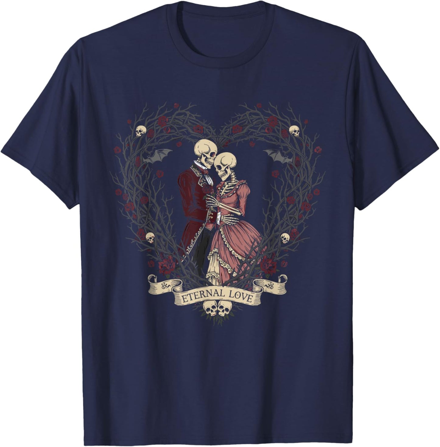 Victorian Gothic Skeleton Thorn Heart Couple Anti Valentine T-Shirt - T-Shirt | Navy